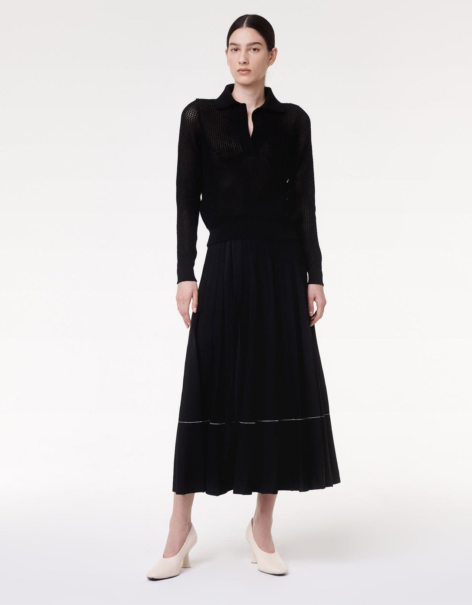 Another Tomorrow Crochet Polo Sweater in Black – Cotton Women's Knitwear