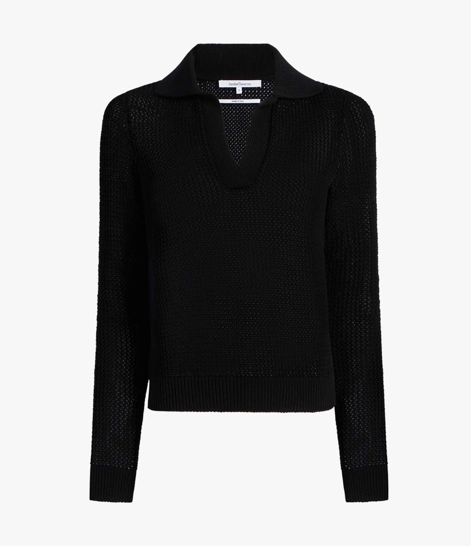 Another Tomorrow Crochet Polo Sweater in Black – Cotton Women's Knitwear