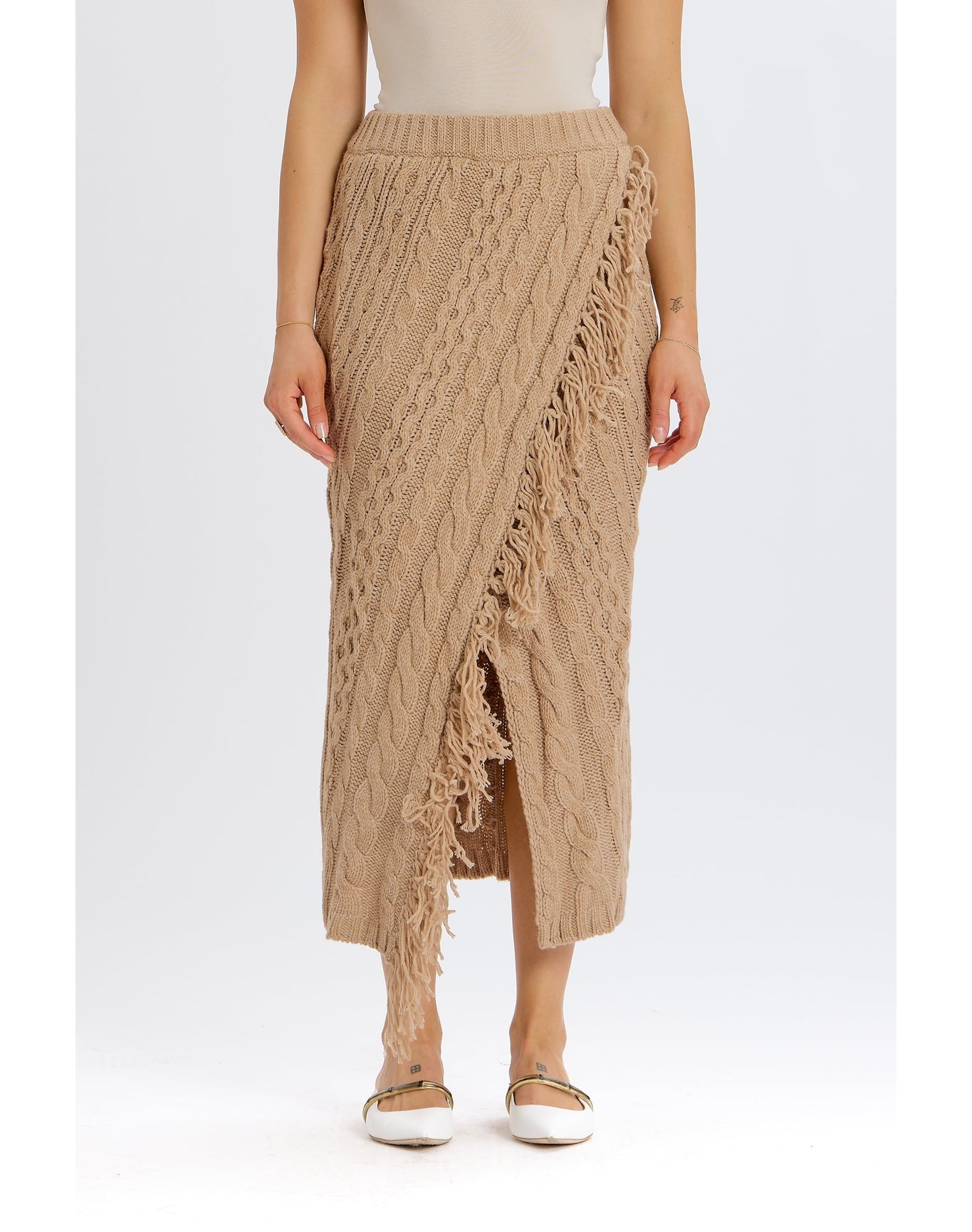 Cableknit Sweater Skirt | Tan