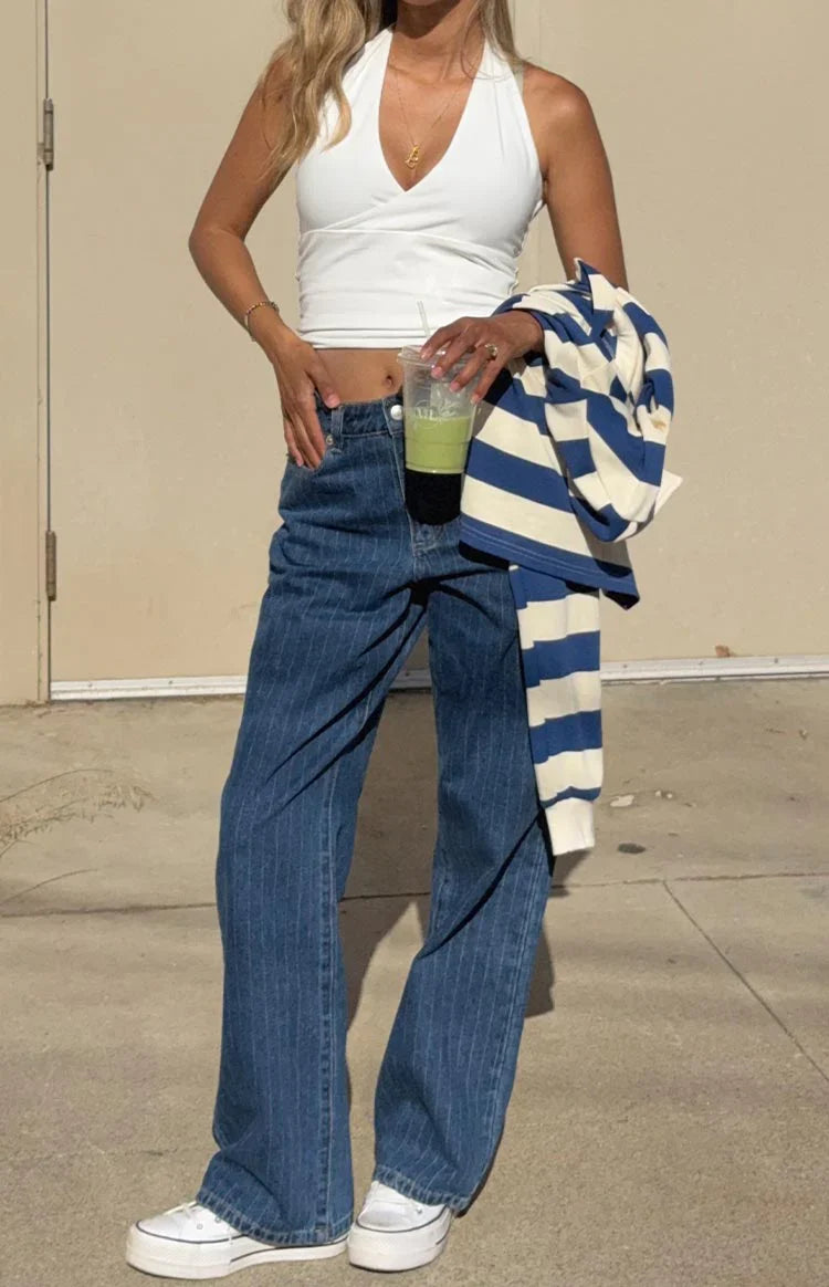 Calliope Pinstripe Mid Rise Slouchy Jeans | Mid Wash