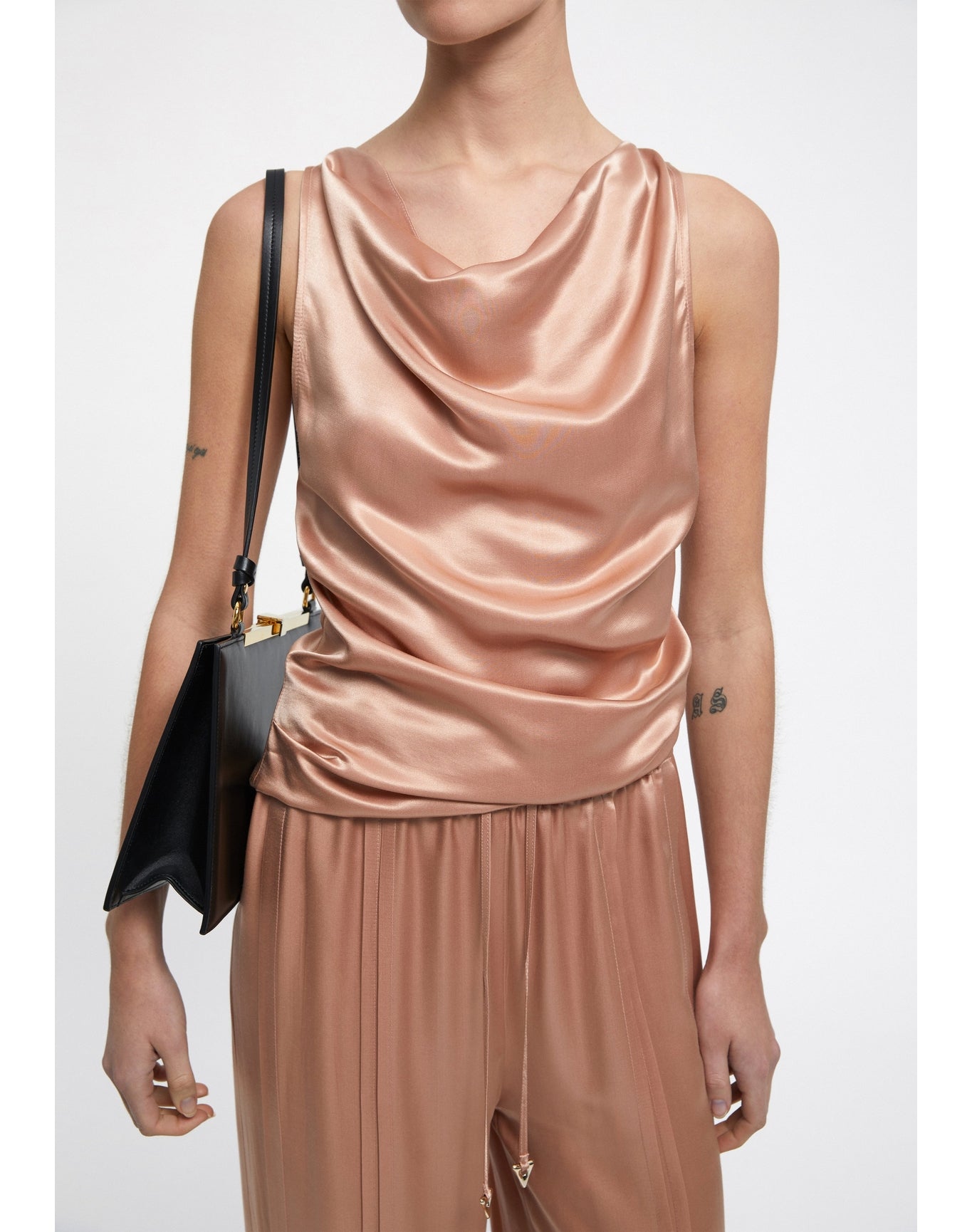Camille | Satin Cowl Neck Top | Pale Rose