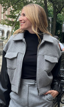 Caspian Wool Vegan Leather Combo Bomber | Grey Melange/Black