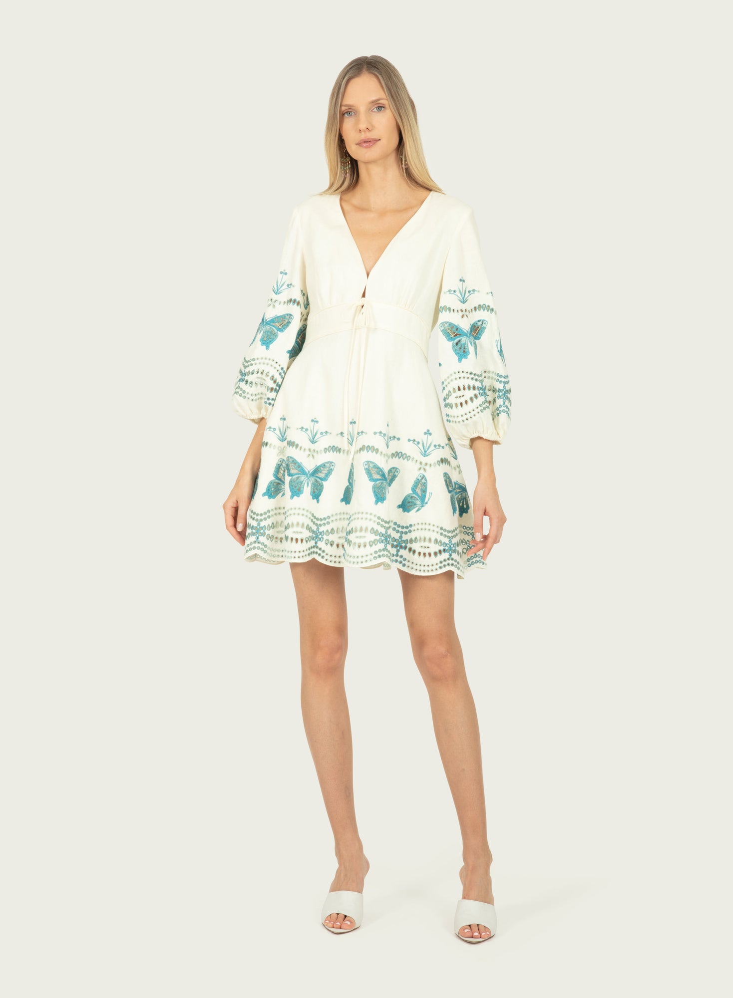 Priscilla Dress | Creme x Multi-Blue Embroidery