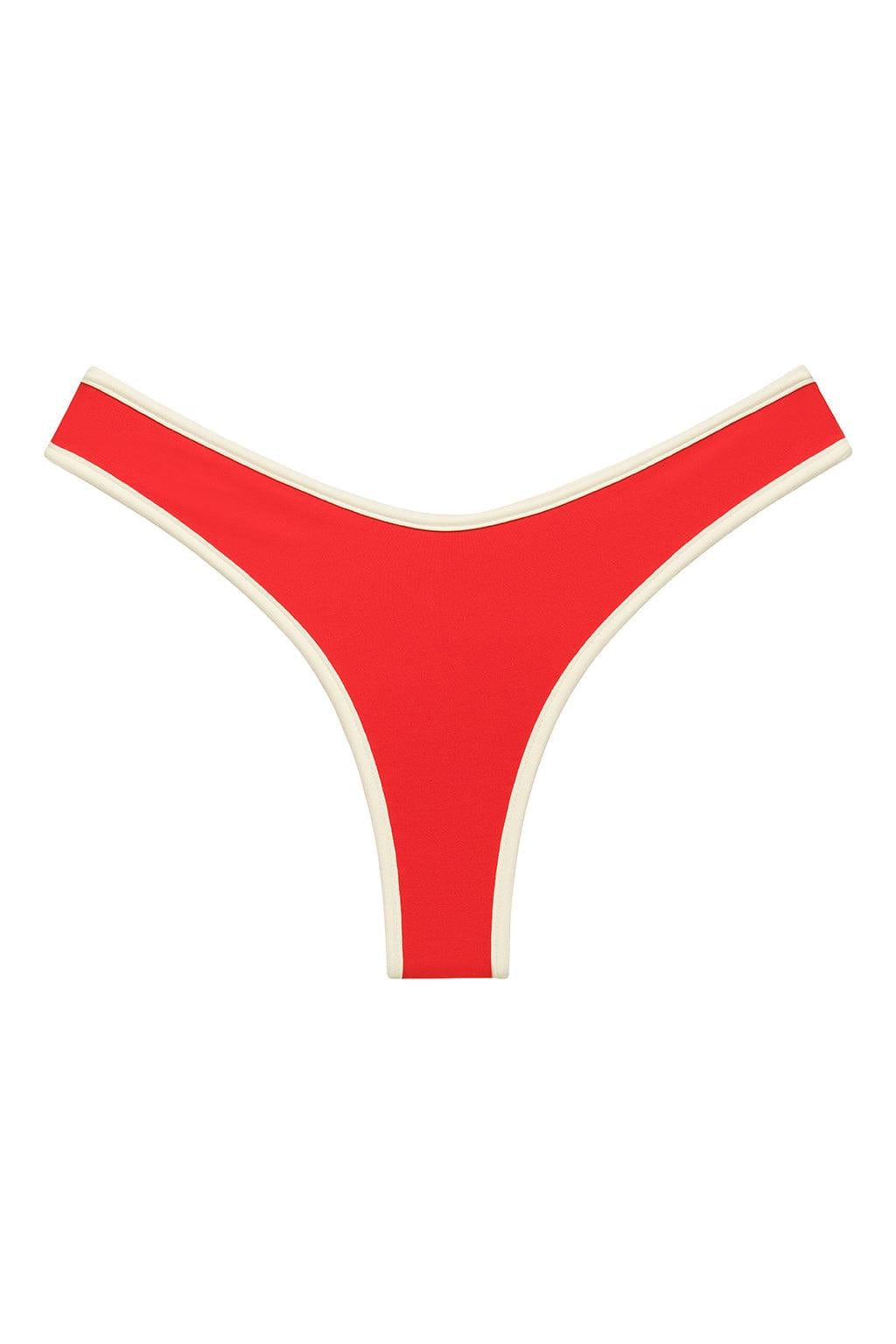 Red bikini bottom with cream-colored binding trim on sides and legs.