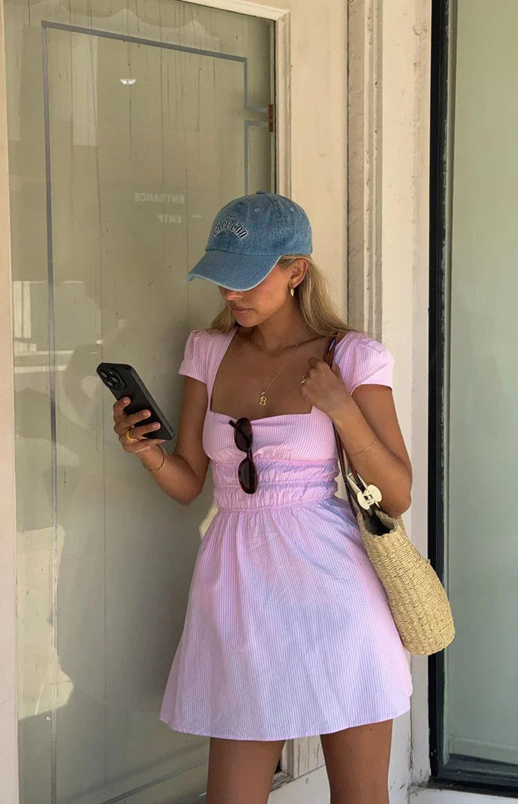 Clairo Cap Sleeve Mini dress | Light Pink Stripe