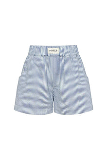 Blue and white striped boxer short with elastic waistband and brand label at center front.