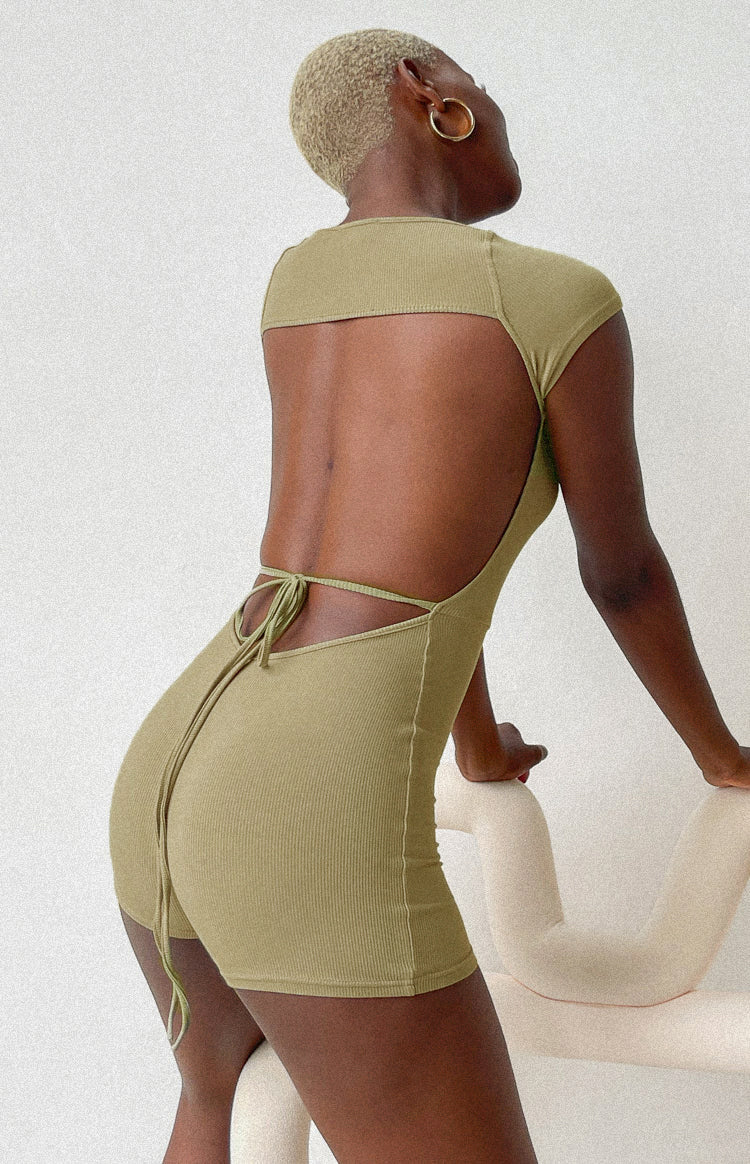 Ribbed Khaki Playsuit. Backless Playsuit with a tie up at the back. 