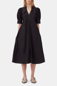 Cotton Poplin V Neck Midi Dress | Black