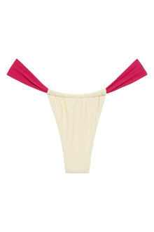 Cream bikini bottom with raspberry-colored binding straps on sides and elasticized waistband.