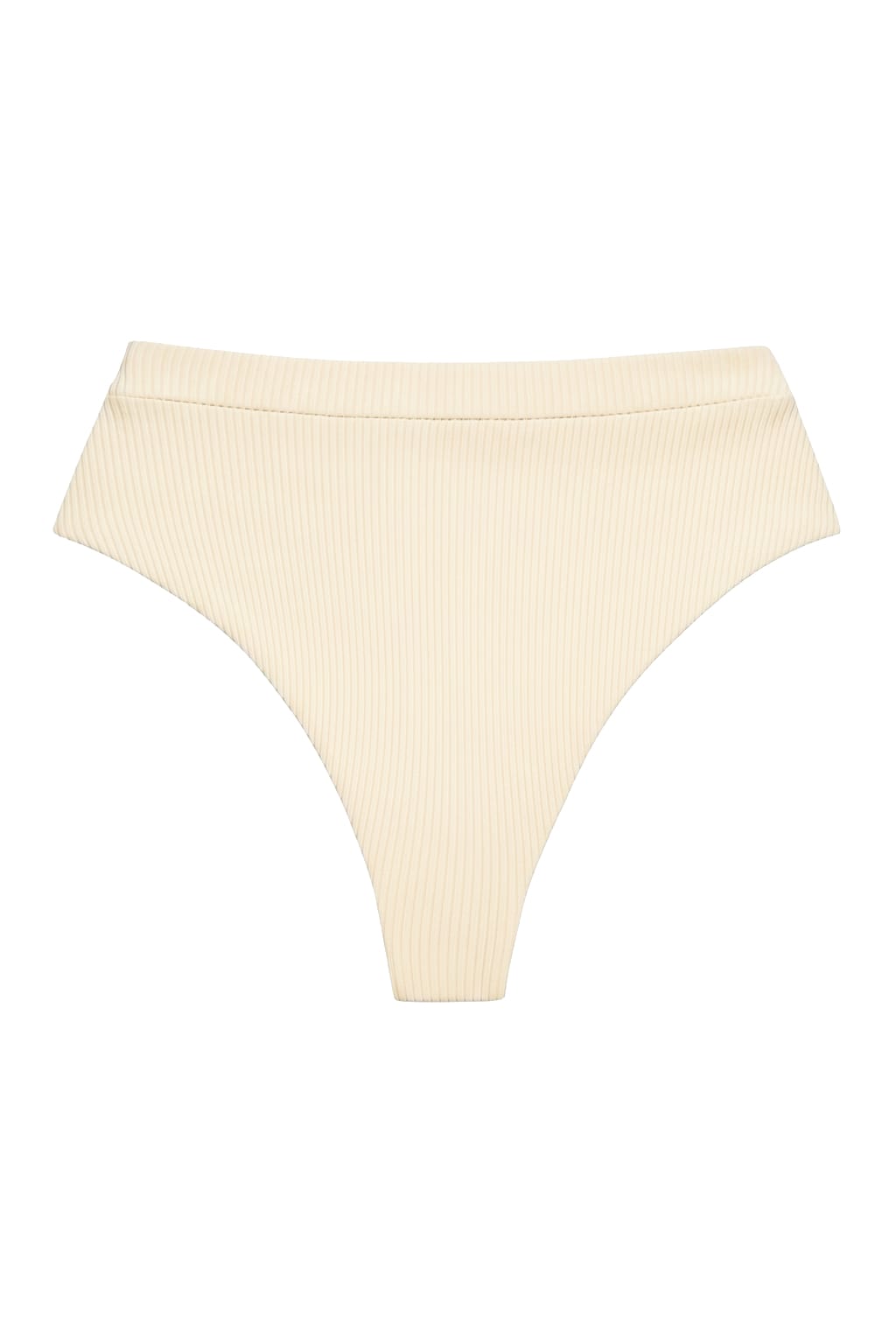 Cream ribbed bikini bottom with high-waisted cut and vertical rib texture throughout.