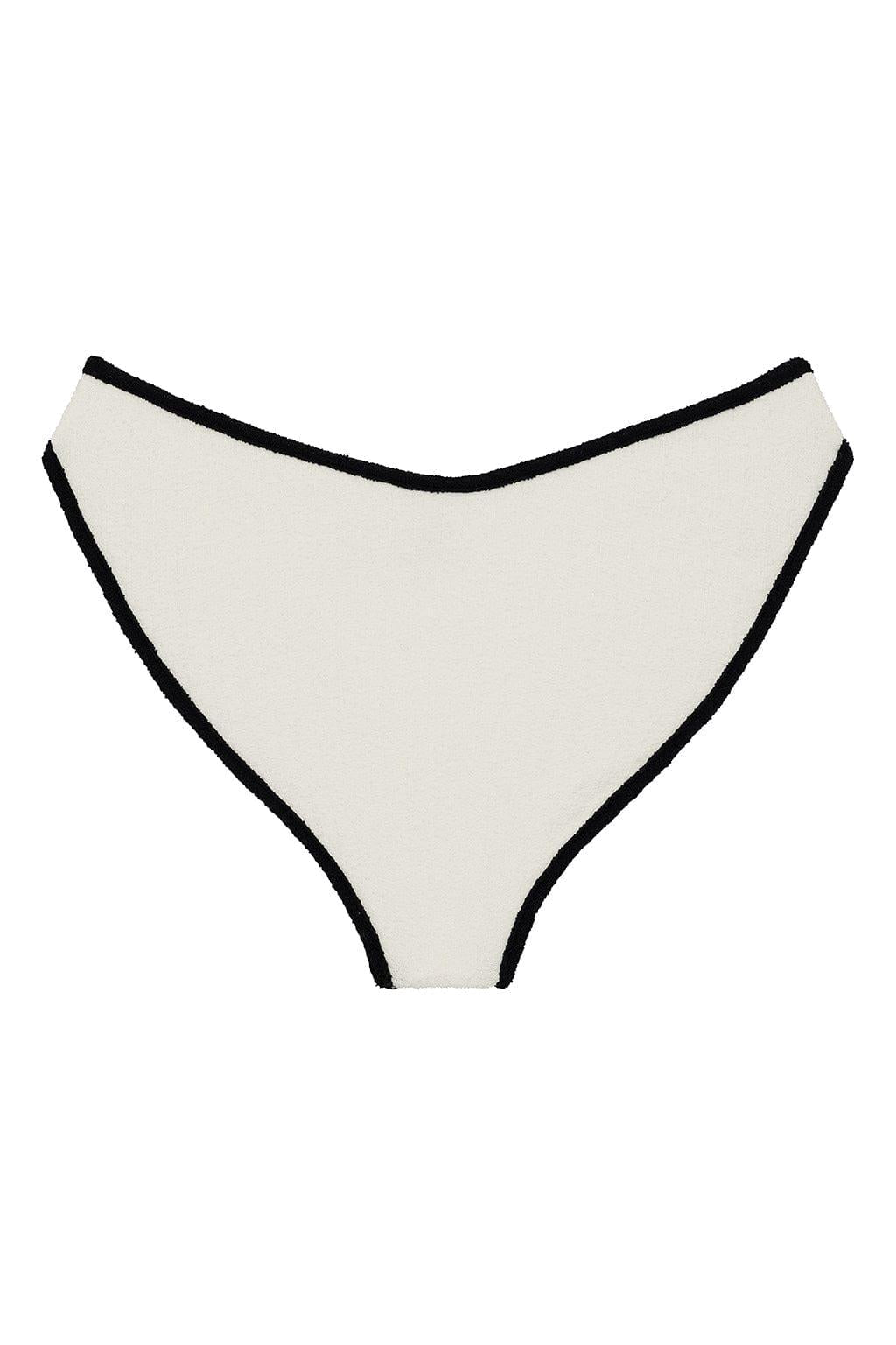 Cream bikini bottom with black binding along edges and leg openings.