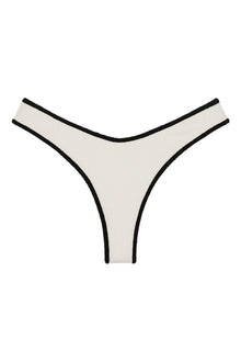 Cream bikini bottom with black binding trim on edges and waistband.