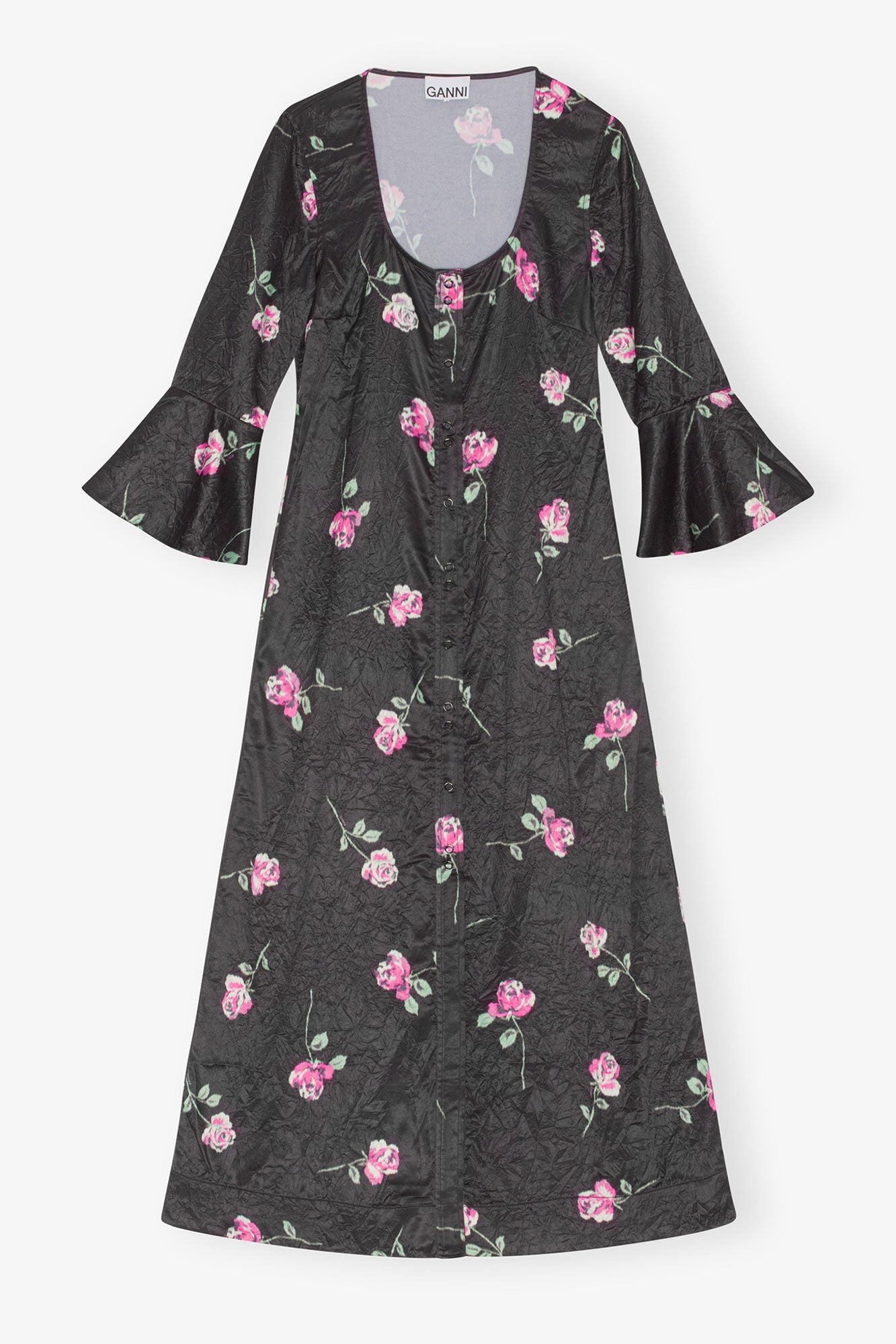 Crinkled Satin Long Dress | Black