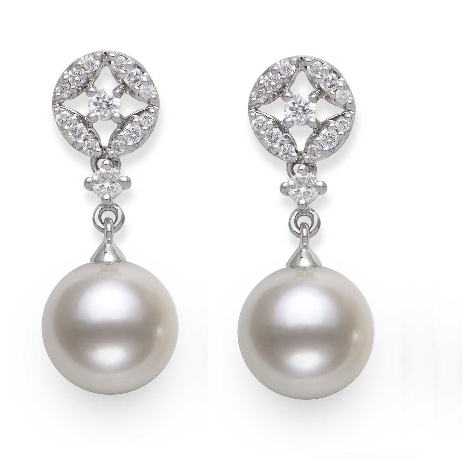 Round Drop Earrings | 14K White Gold | 0.25 Carat Lab Grown Diamond/White Akoya Pearl | 8mm - 9mm | H-I-I2-I3