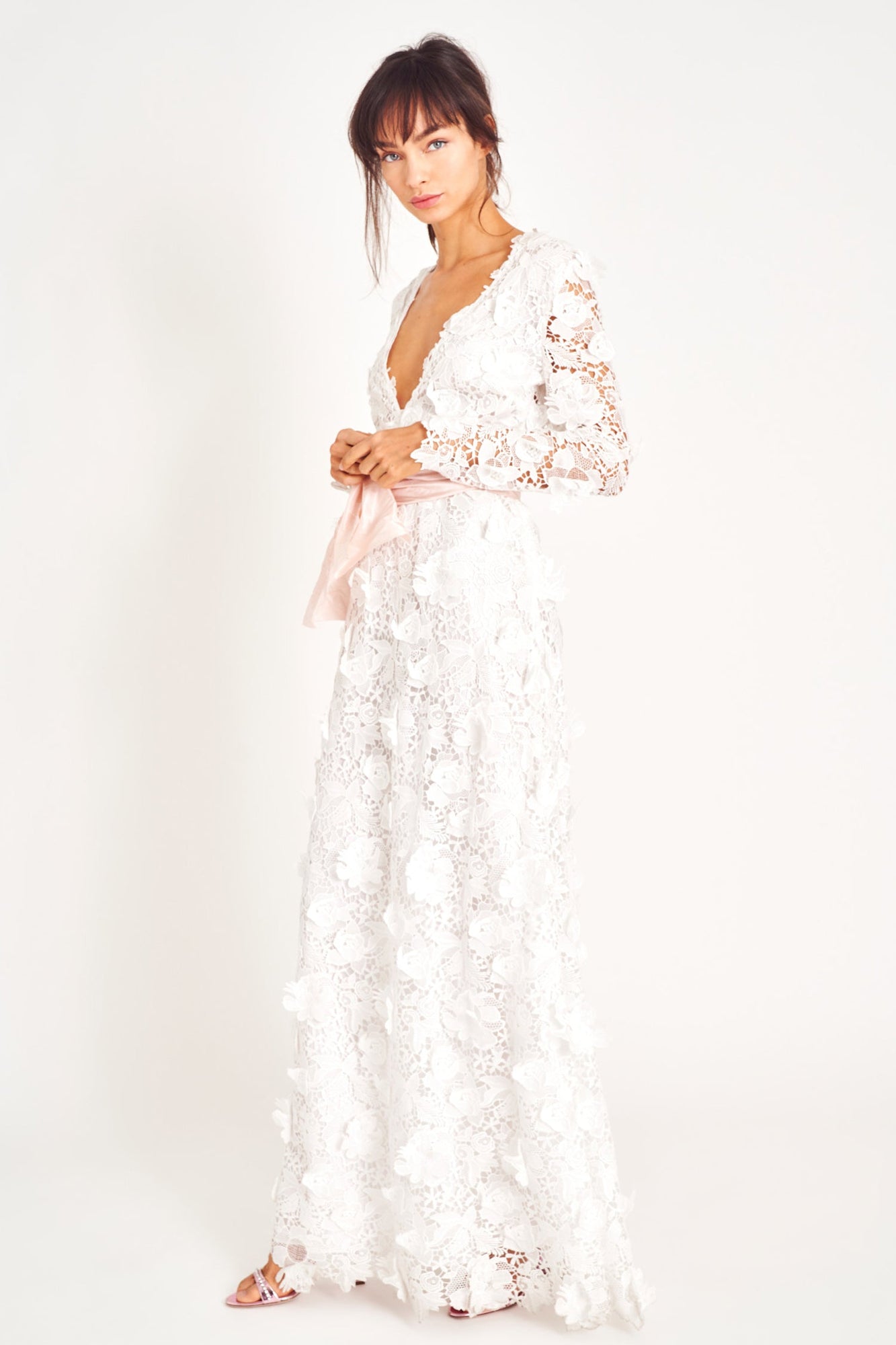 White lace long sleeve gown.