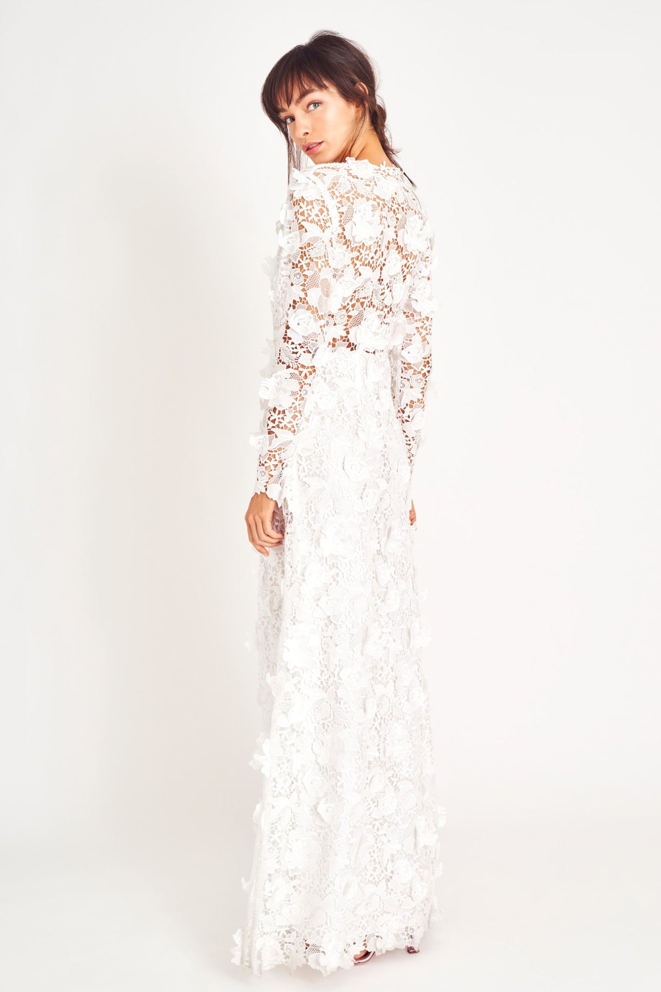 White lace long sleeve gown.