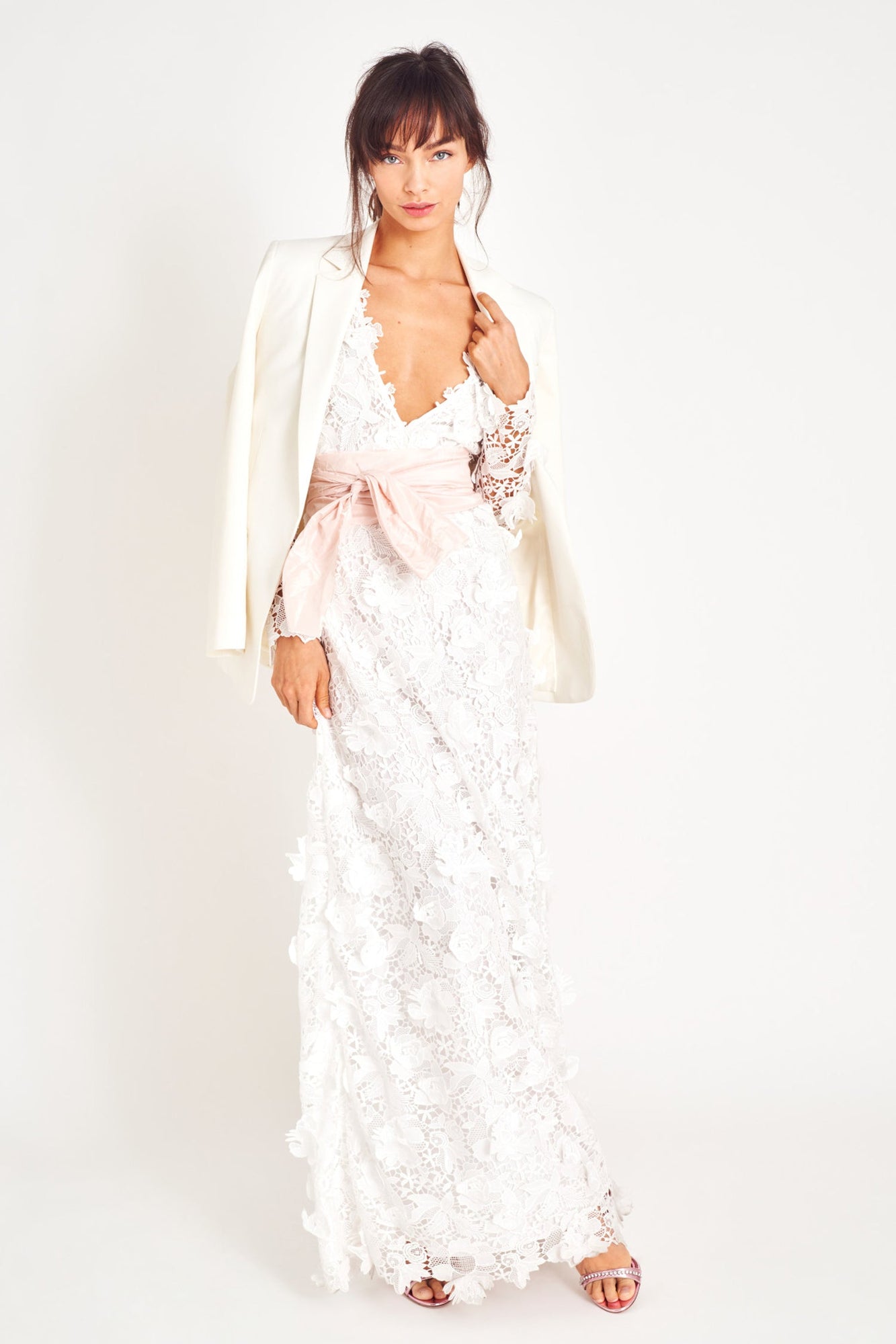 White lace long sleeve gown.