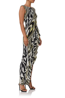 women's maxi dress with ballerina neckline, high slit and ruffle detailing in zebra lime print