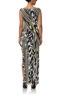 women's maxi dress with ballerina neckline, high slit and ruffle detailing in zebra lime print