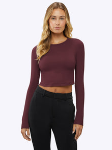 Womens | Long Sleeve Slim-Fit Tomboy-Cotton Cropped Tee | Deep Cranberry