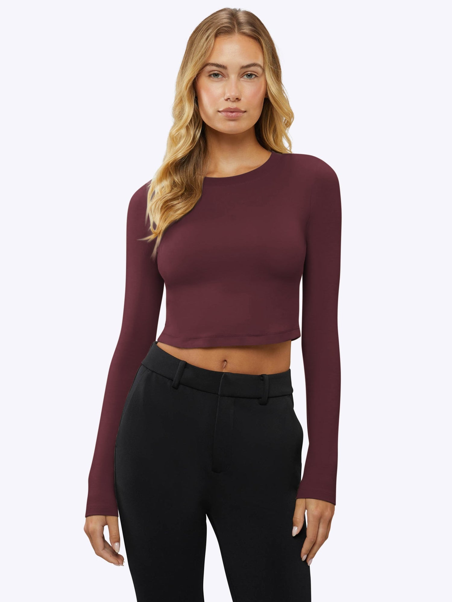 Womens | Long Sleeve Slim-Fit Tomboy-Cotton Cropped Tee | Deep Cranberry