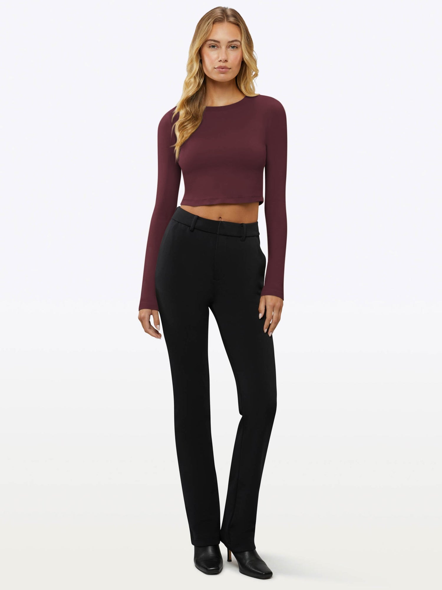 Womens | Long Sleeve Slim-Fit Tomboy-Cotton Cropped Tee | Deep Cranberry