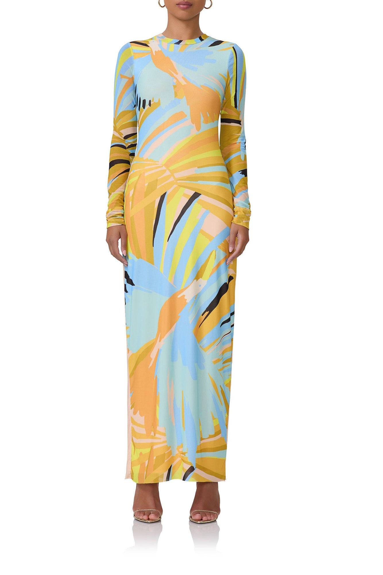 women's maxi length long sleeve dress with crew shape neckline in bird of paradise print