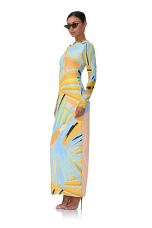 women's maxi length long sleeve dress with crew shape neckline in bird of paradise print