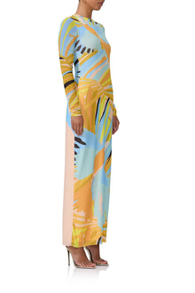 women's maxi length long sleeve dress with crew shape neckline in bird of paradise print