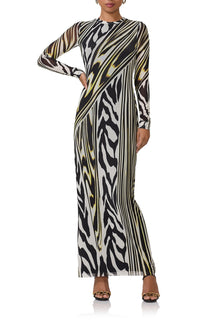 women's maxi length long sleeve dress with crew shape neckline in zebra lime print