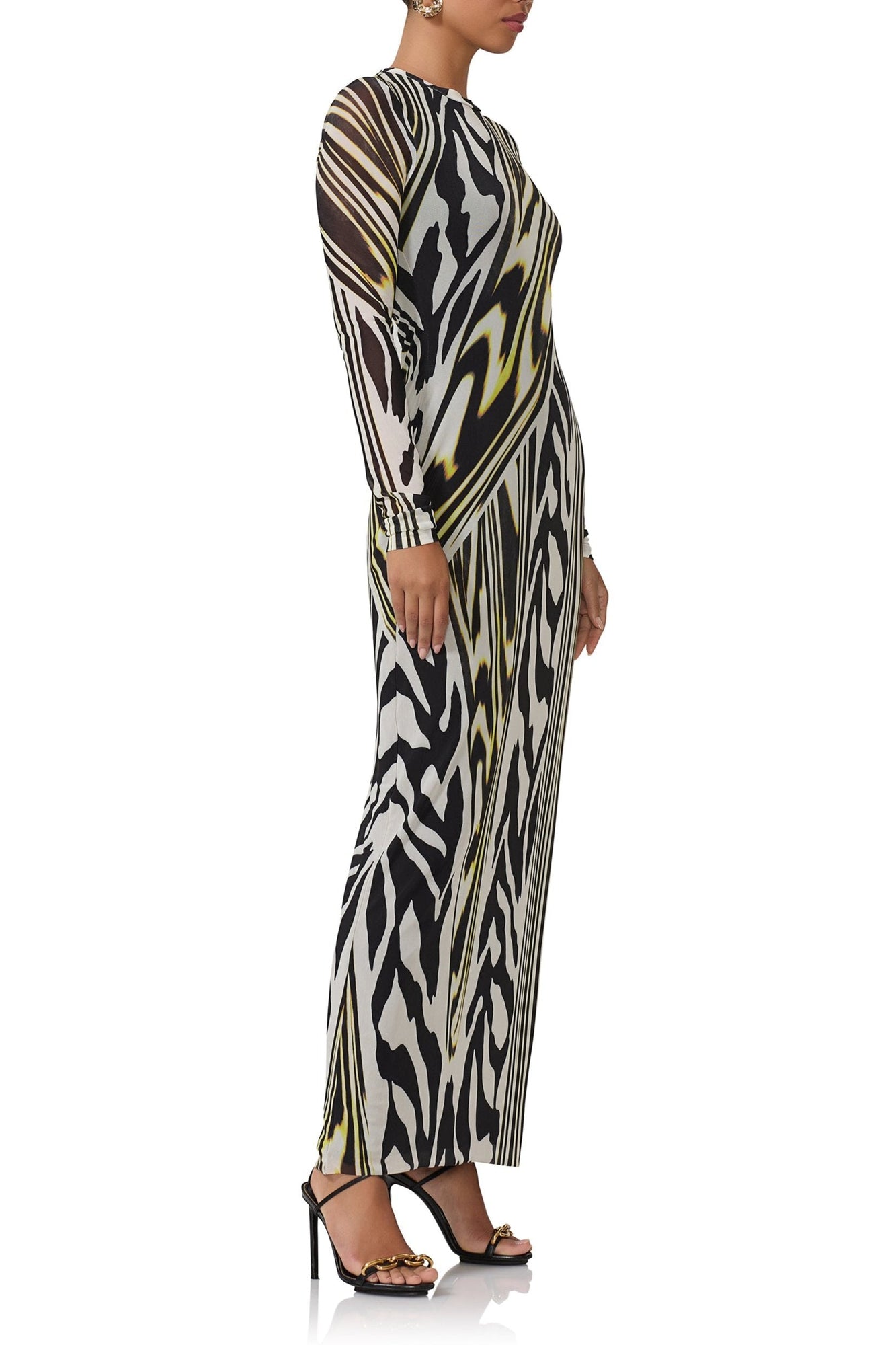 women's maxi length long sleeve dress with crew shape neckline in zebra lime print