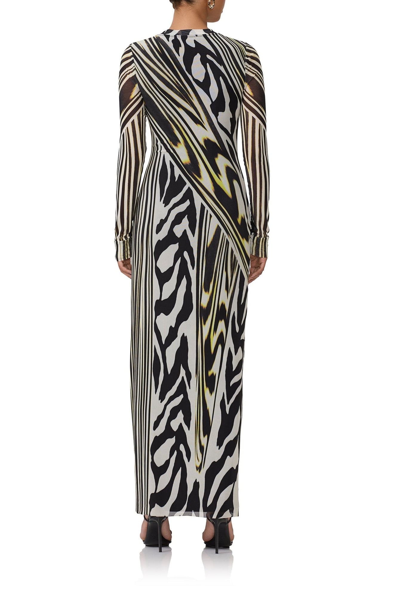 women's maxi length long sleeve dress with crew shape neckline in zebra lime print