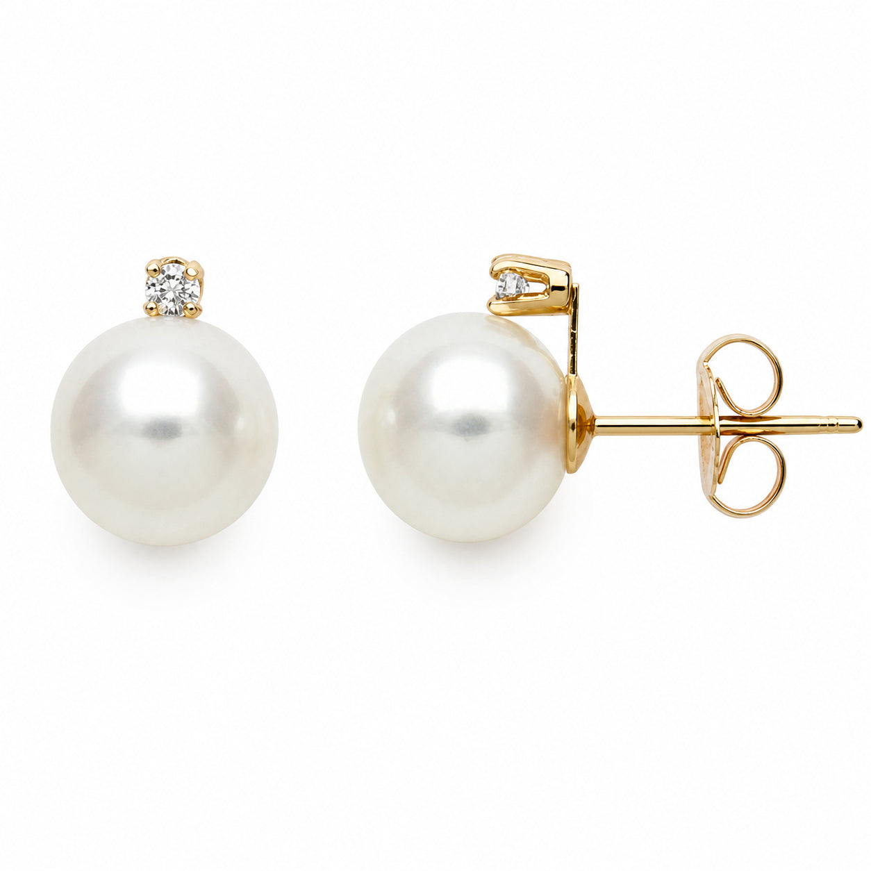 Round Stud Earrings - II | 14K Yellow Gold | 0.066 Carat Lab Grown Diamond/White Freshwater Pearl | 7mm - 8mm | G-SI