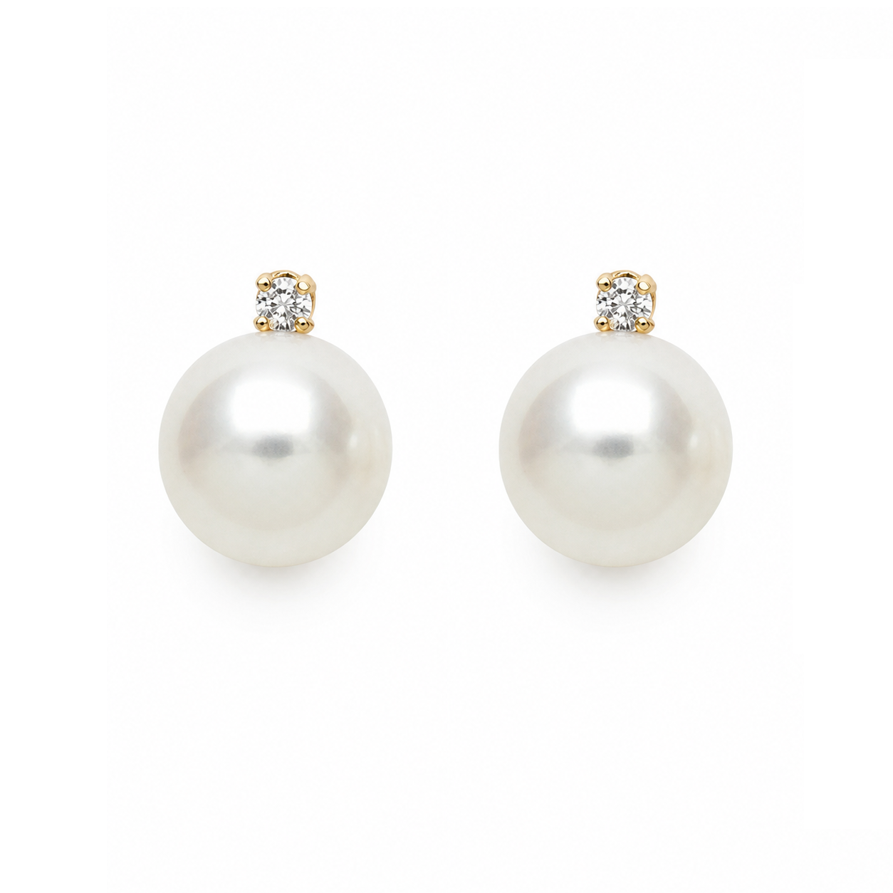 Round Stud Earrings - II | 14K Yellow Gold | 0.066 Carat Lab Grown Diamond/White Freshwater Pearl | 7mm - 8mm | G-SI