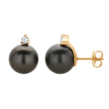 Round Stud Earrings | 14K Yellow Gold | 1/4 Carat Lab Grown Diamond/Black Tahitian Pearl | 11mm - 12mm | G-SI