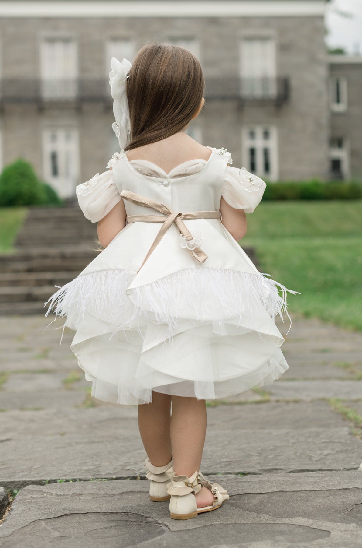 Constanza White Ceremony Dress with Champagne Bow | White