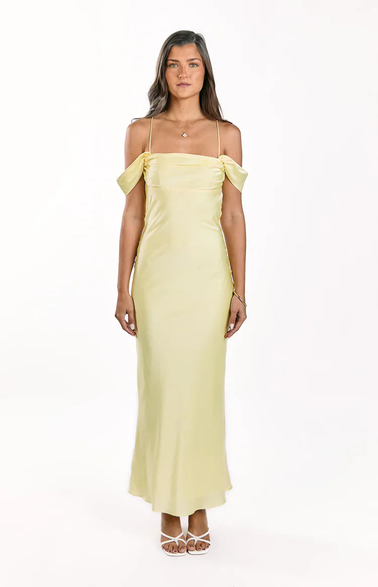 Danni Tie Off Shoulder Formal Maxi Dress | Light Yellow
