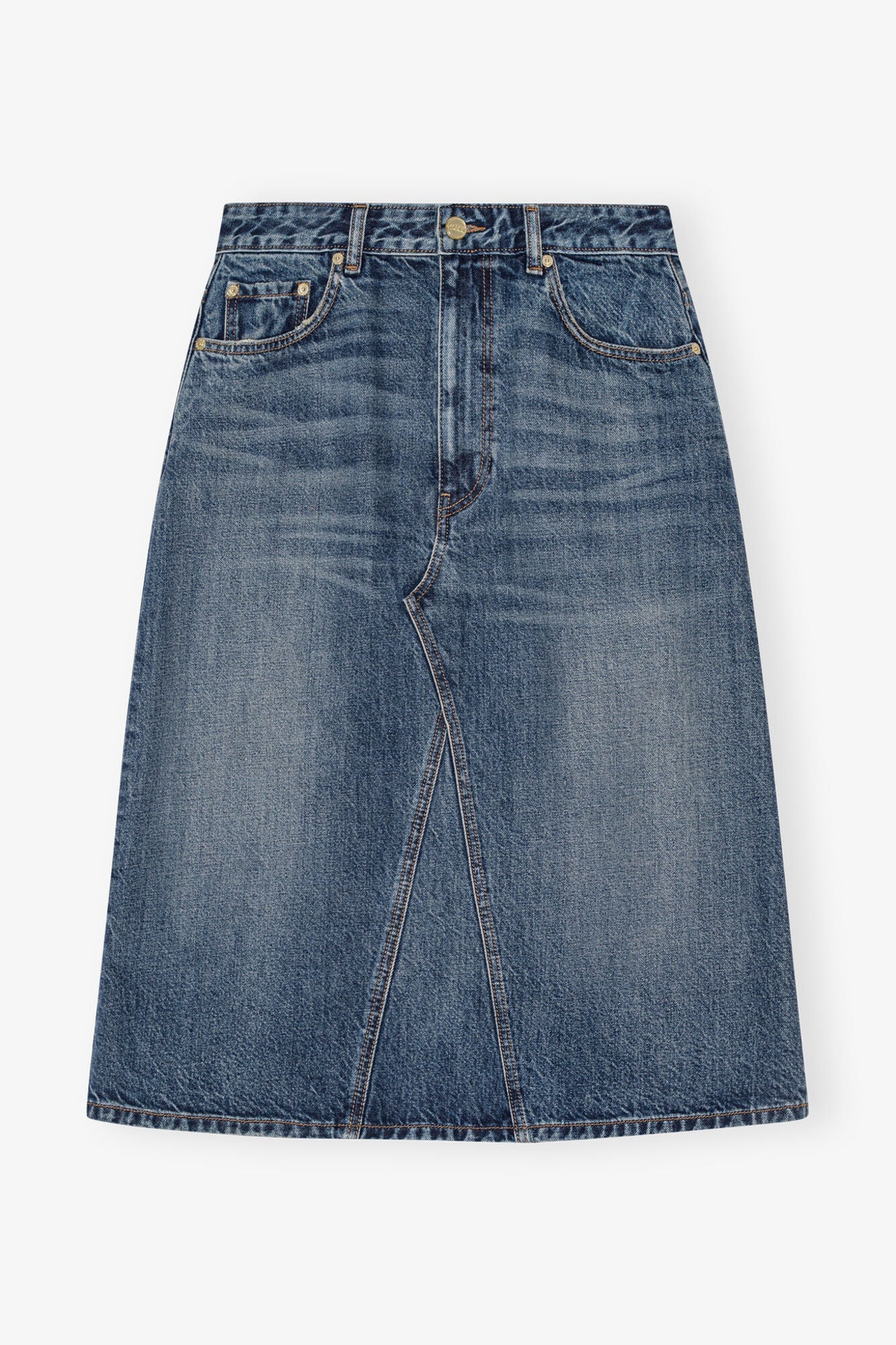 Dark Heavy Washed Denim Midi Skirt | Mid Blue Vintage