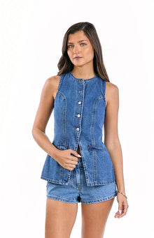 Dawson Denim Button Down Vest Top | Mid Wash