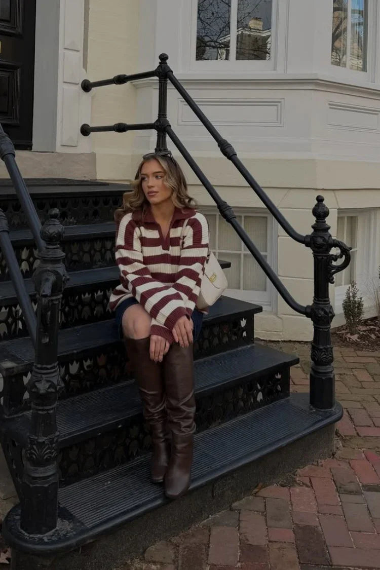 Daze Polo Knit Sweater | Burgundy Stripe