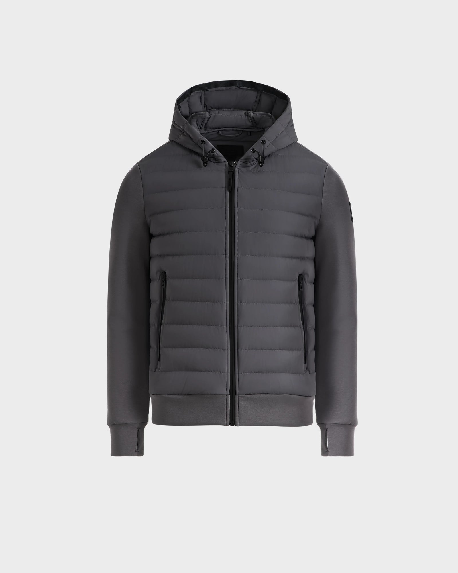 The Rudsak DEE MAT - 6124028 Grey is a mens lightweight, dark gray hooded down jacket with a zip front, side pockets, ribbed cuffs, and hem, shown against a plain light gray background.