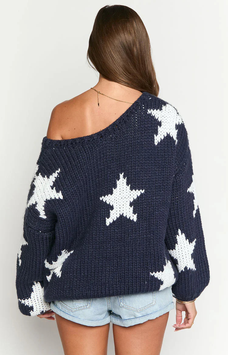 Delvey Star Chunky Knit Sweater | Navy