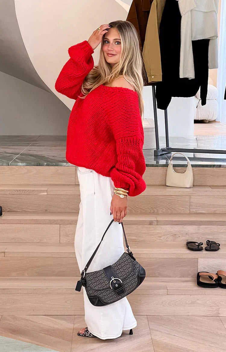 Delvey Chunky Knit Sweater | Red