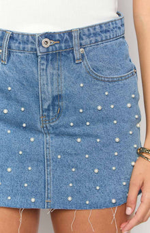 Denim Dazzle Pearl Mini Skirt | Mid Wash