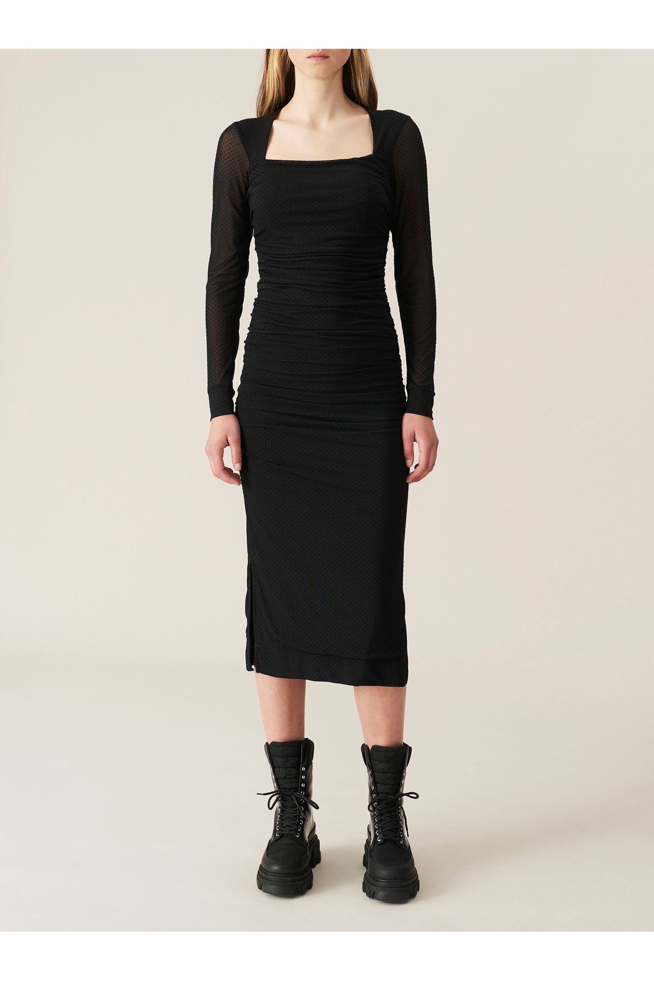 Dotted Mesh Midi Dress | Black