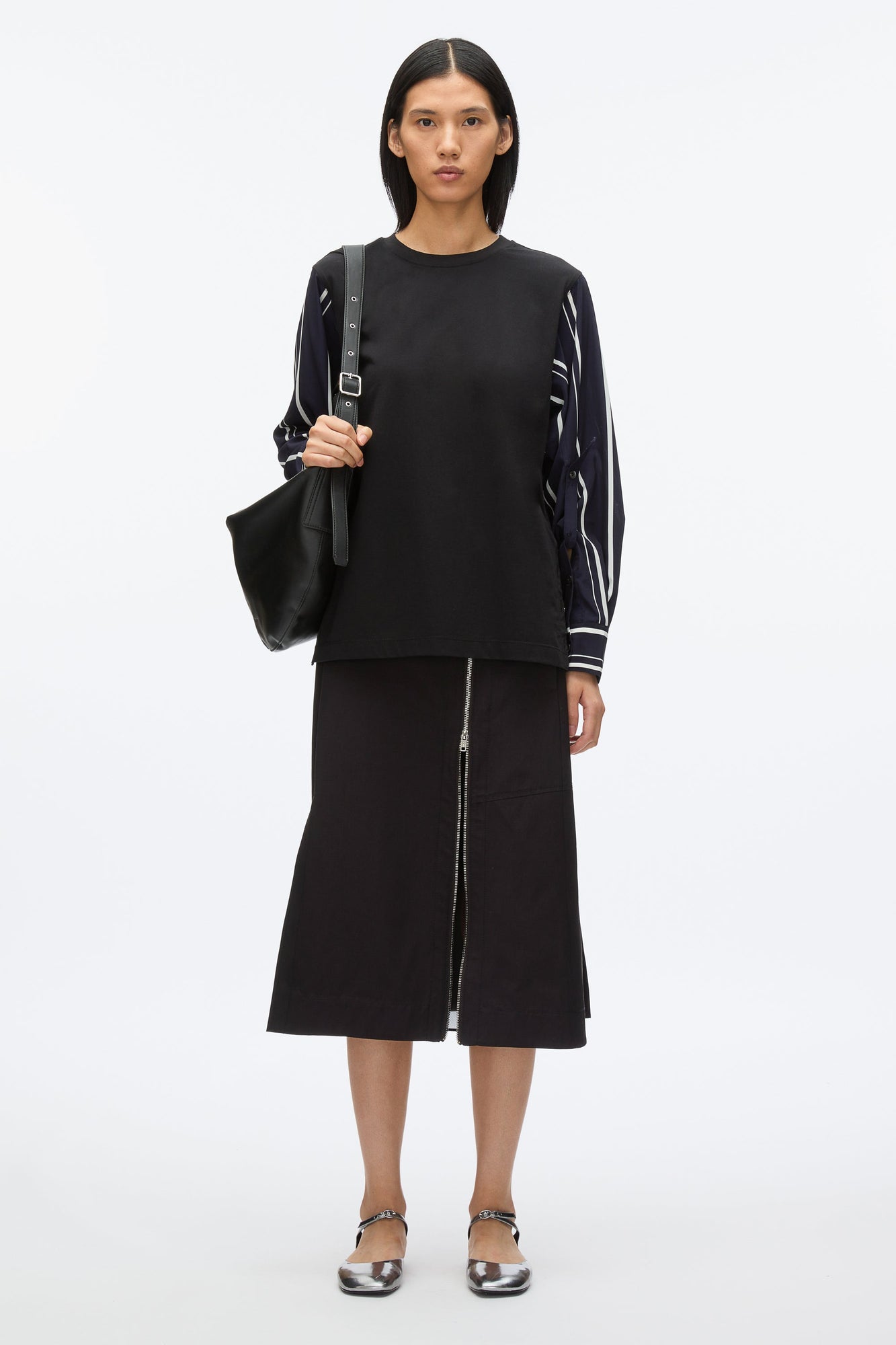 Long Sleeve Tee with Stripe Shirting Sleeves | Black/Midnight