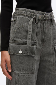 Cargo Wide Leg Belted Jeans | Washed Grey
