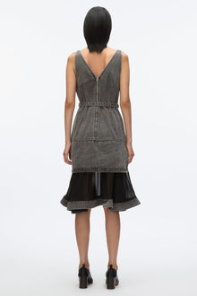 Denim V-Neck Dress with Chiffon Hem | Washed Grey