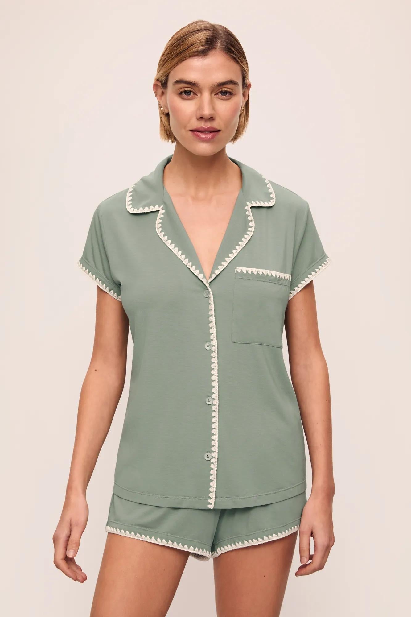 Model is wearing Frida TENCEL Modal Shortie PJ Set in Eucalyptus/Ivory