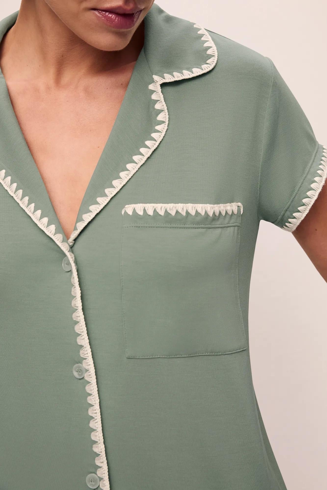 Model is wearing Frida TENCEL Modal Shortie PJ Set in Eucalyptus/Ivory